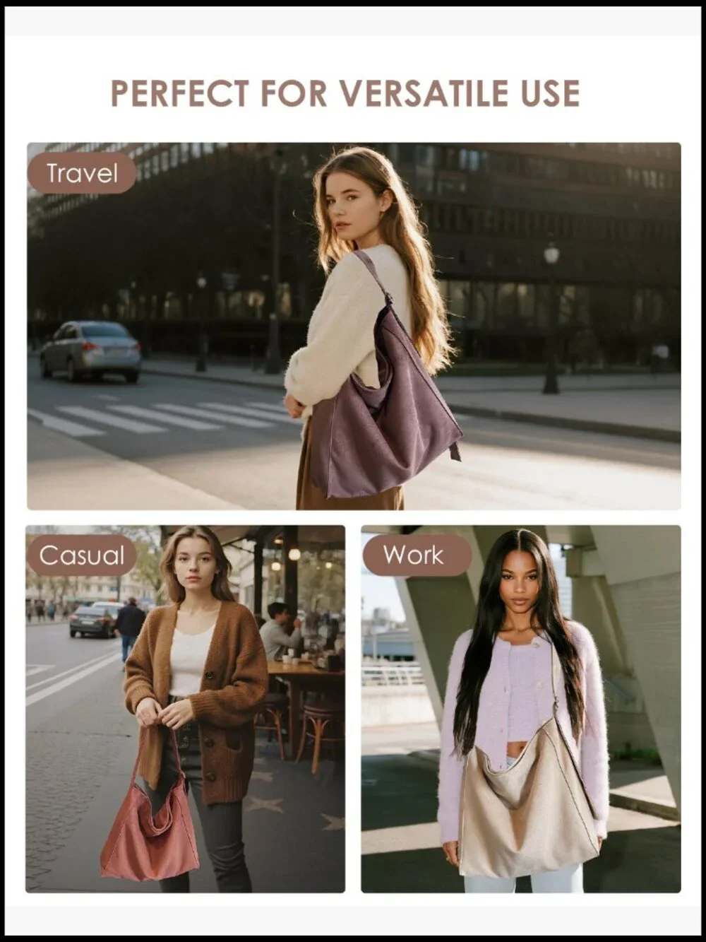 Faux Suede Tote Bag Slouchy Hobo Shoulder Crossbody Purse Large Lightweight